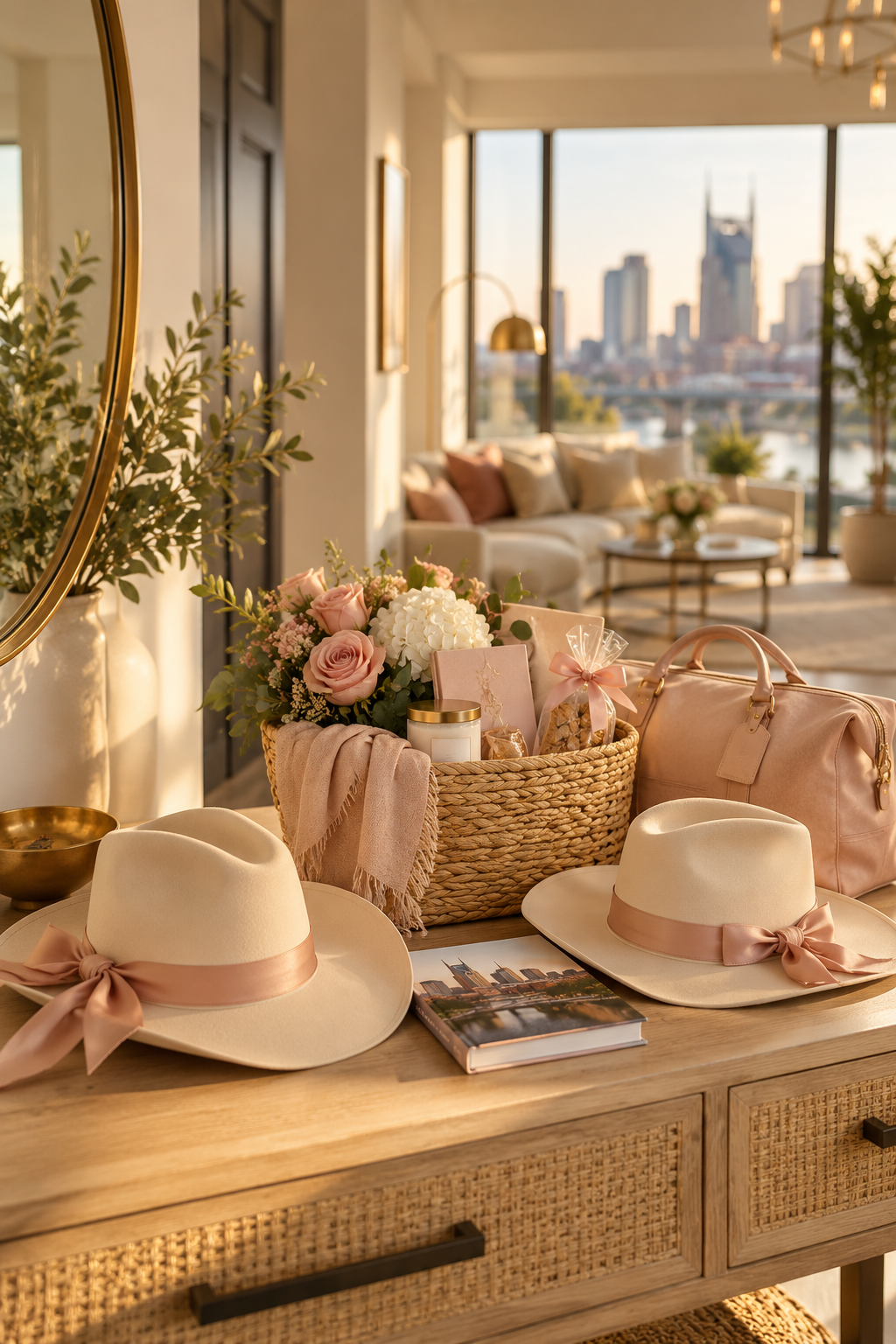 Welcome basket and blush-ribbon cowboy hats in a stylish Nashville stay